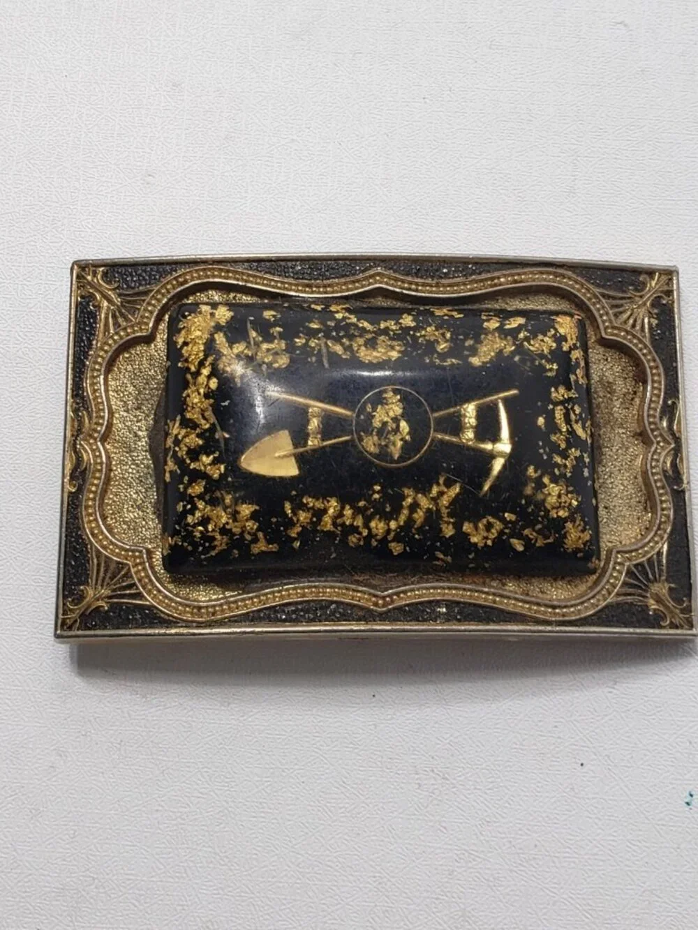 Vintage Gold Tone Black Mining Prospector Pick Shovel Western Belt Buckle